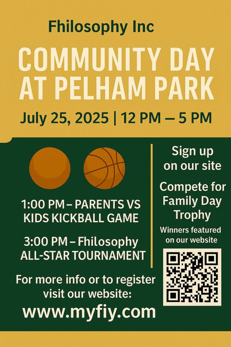 Fhilosophy Inc. Community Day at Pelham Park Flyer – Kickball and Basketball Events July 25, 2025